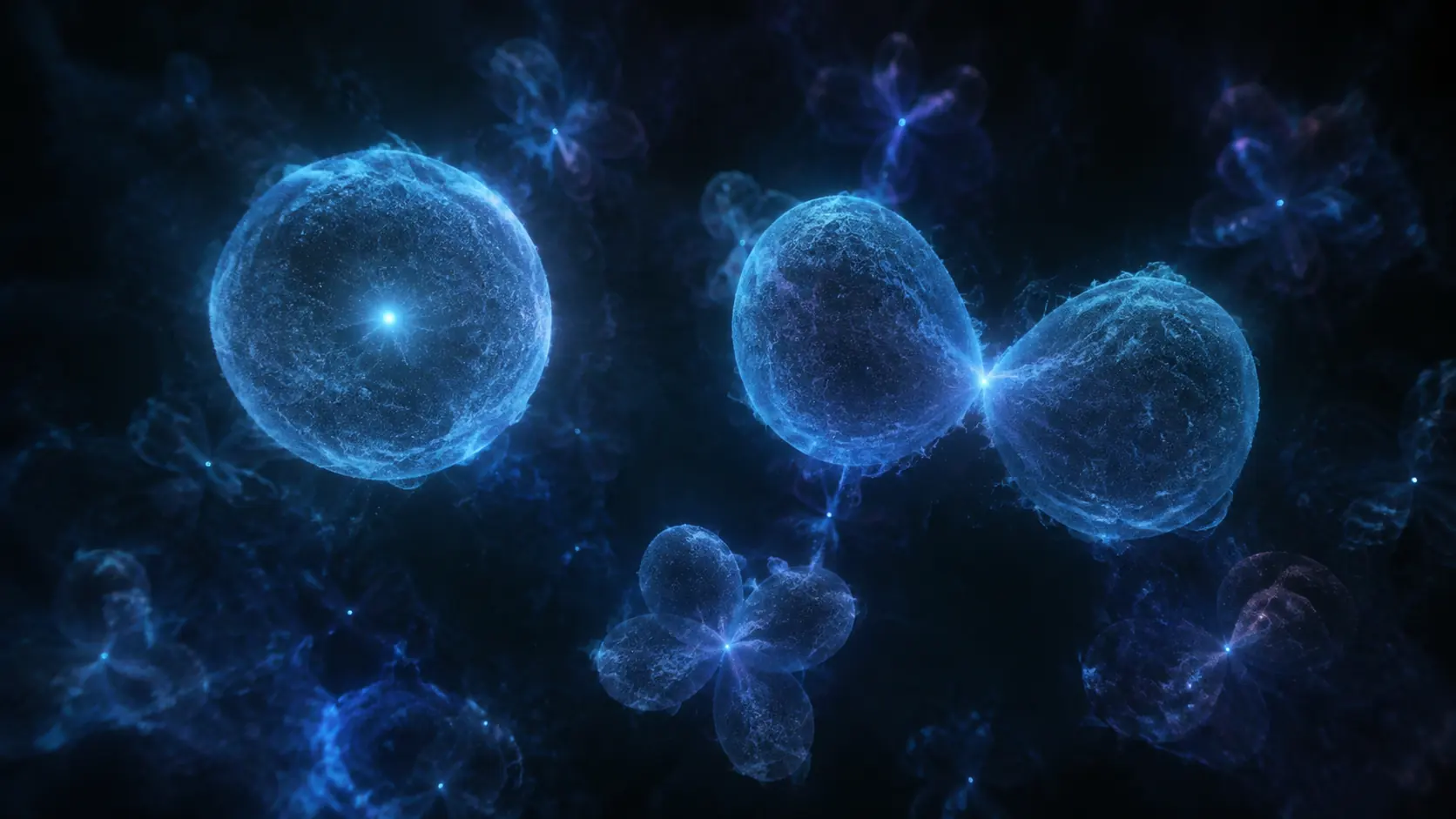 Hydrogen orbitals glow as translucent probability clouds.