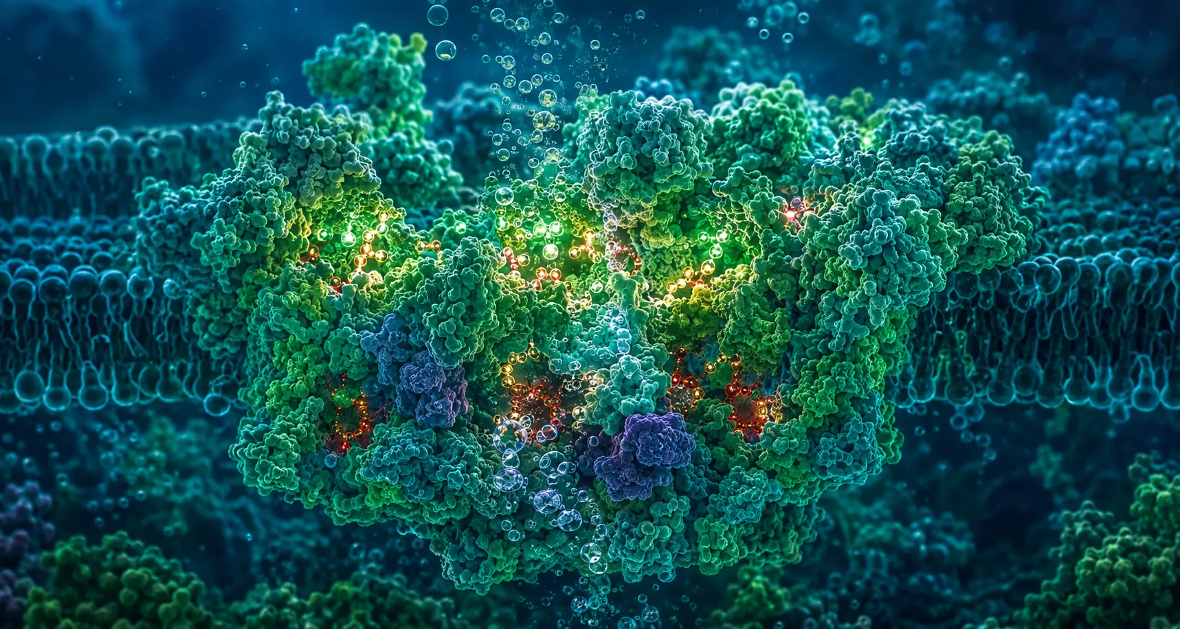Photosystem II glows within a blue-green membrane.