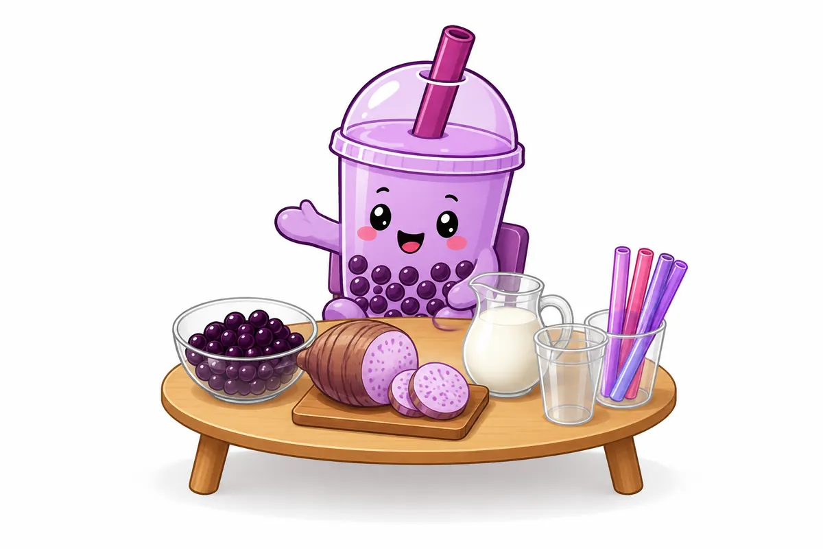 Tapi Lila sits at a table with tapioca pearls, taro, milk, cups, and straws.
