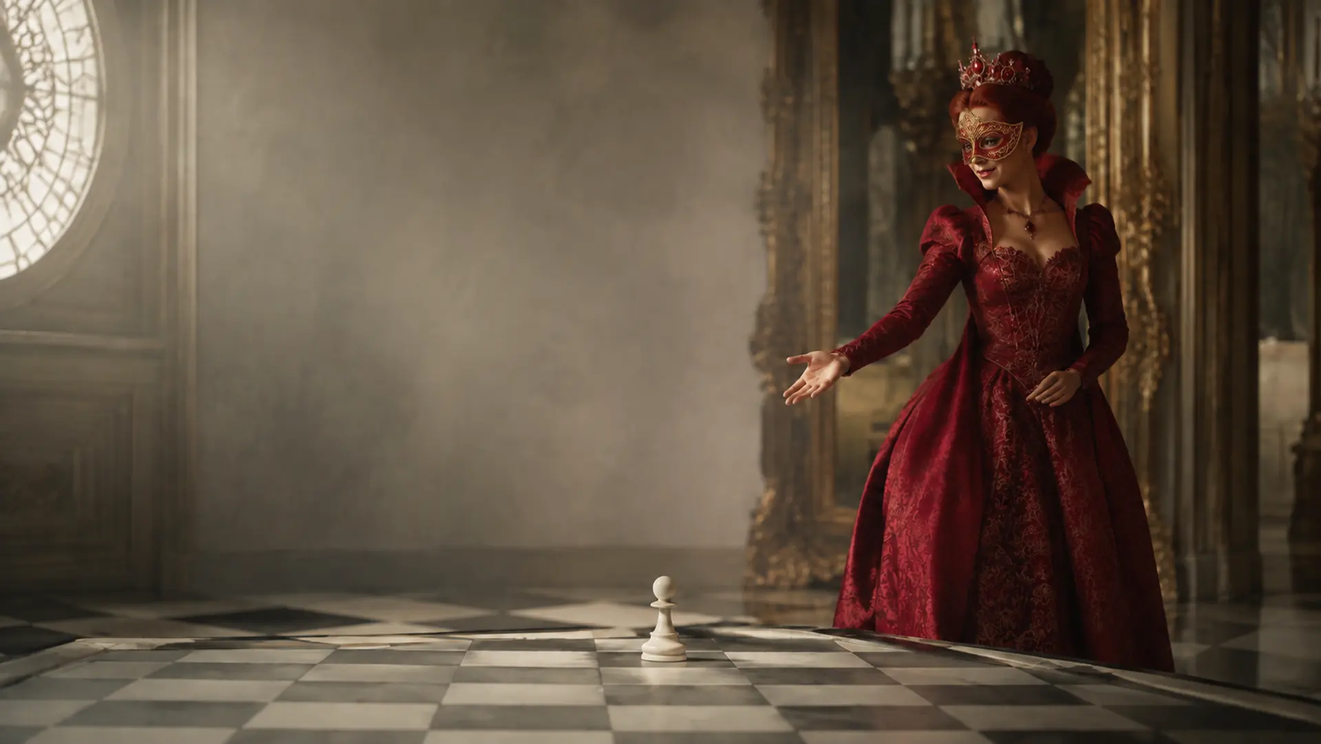 The masked Red Queen welcomes a white pawn from just beyond the edge of a chessboard.